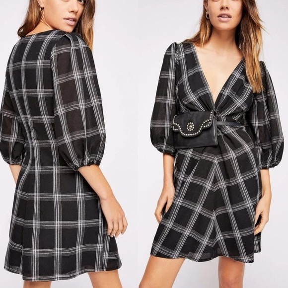 Free People Dress Womens 10 Miss Molly Black Plaid Puff Sleeve Grunge Punk Fall - Picture 2 of 9